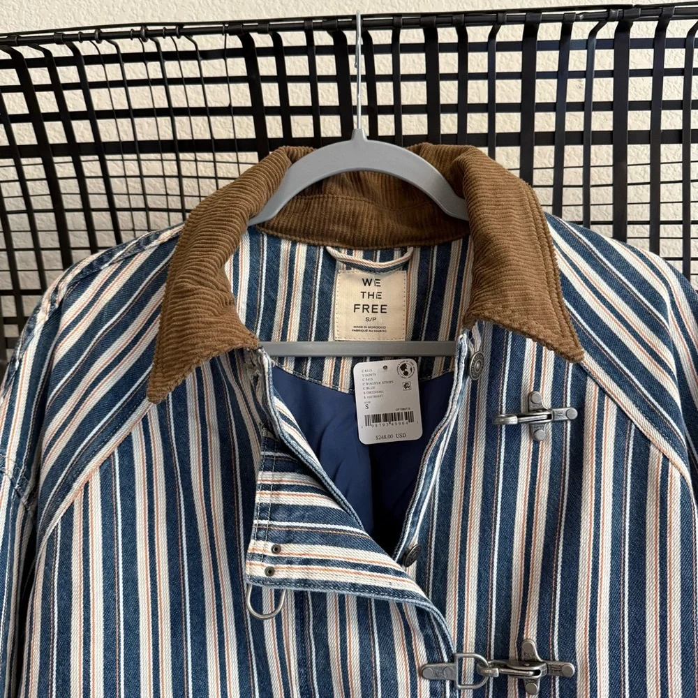 Free People Blue and White Striped Jean Jacket with Brown Corduroy Collar - Picture 5 of 8